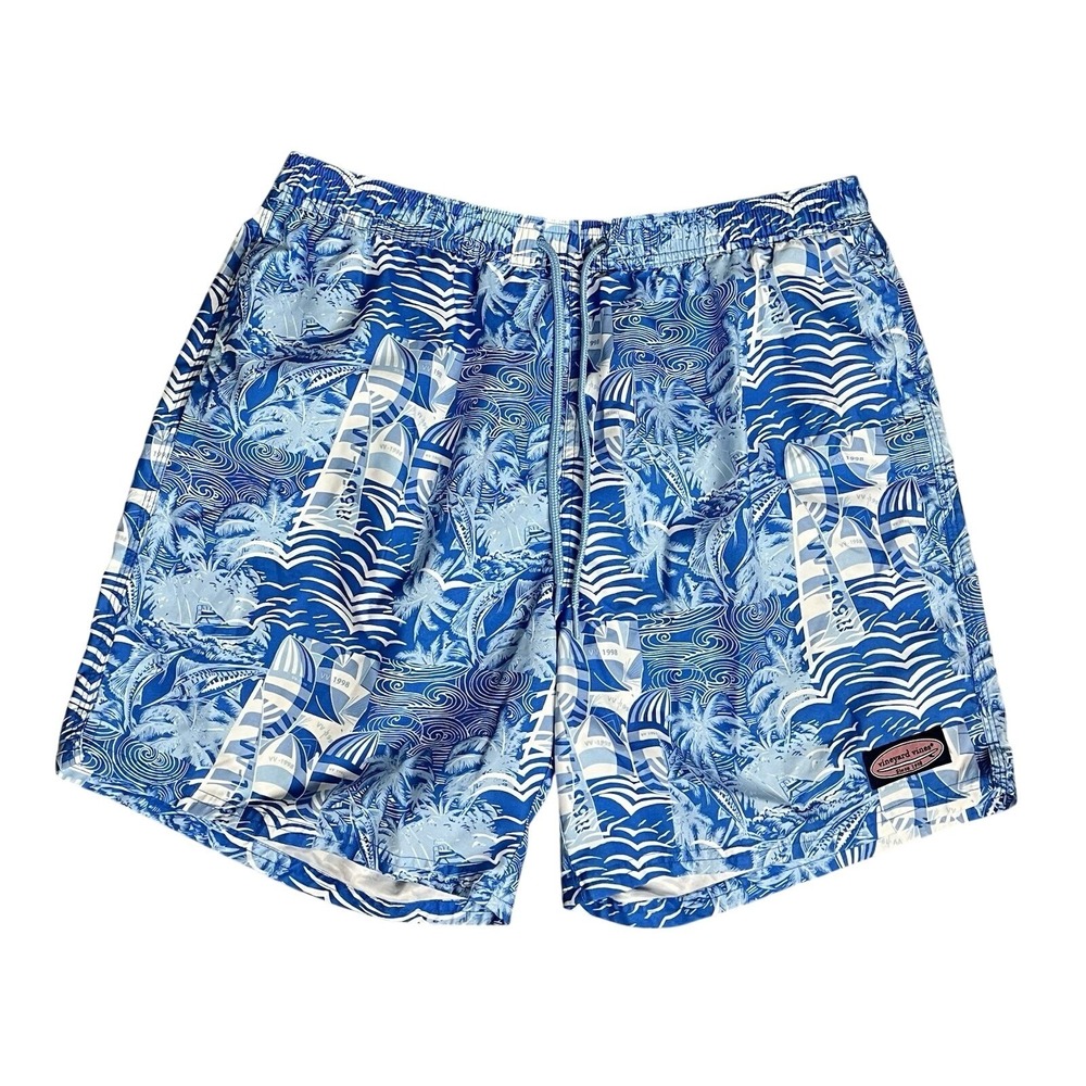 Vineyard Vines Swim Trunks Mens Size L Palms Print Blue Board Shorts Beach